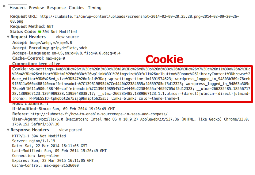 Screenshot of Chrome devtools showing what cookies are in the request