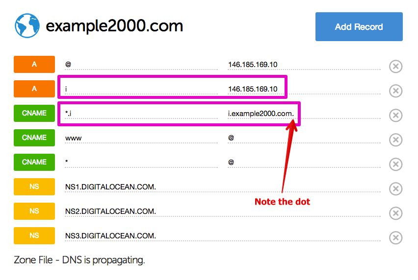 Screenshot of DigitalOcean DNS GUI