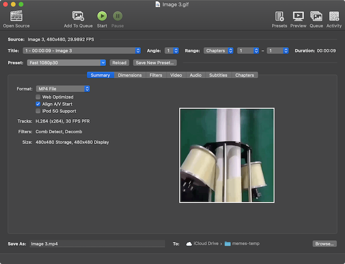 Screenshot of the HandBrake video transcoder