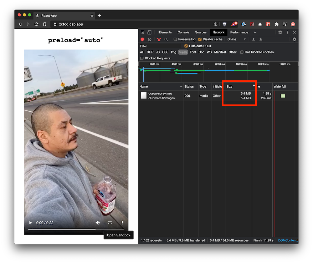 Screenshot of an HTML video with preload set to auto