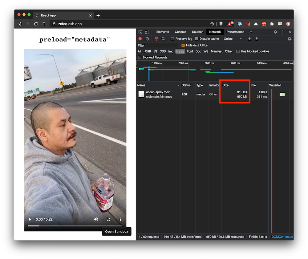 Screenshot of an HTML video with preload set to metadata