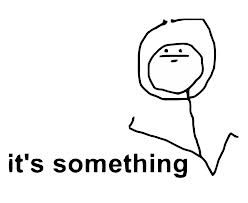A stick figure man doing a little jump with hands above their head