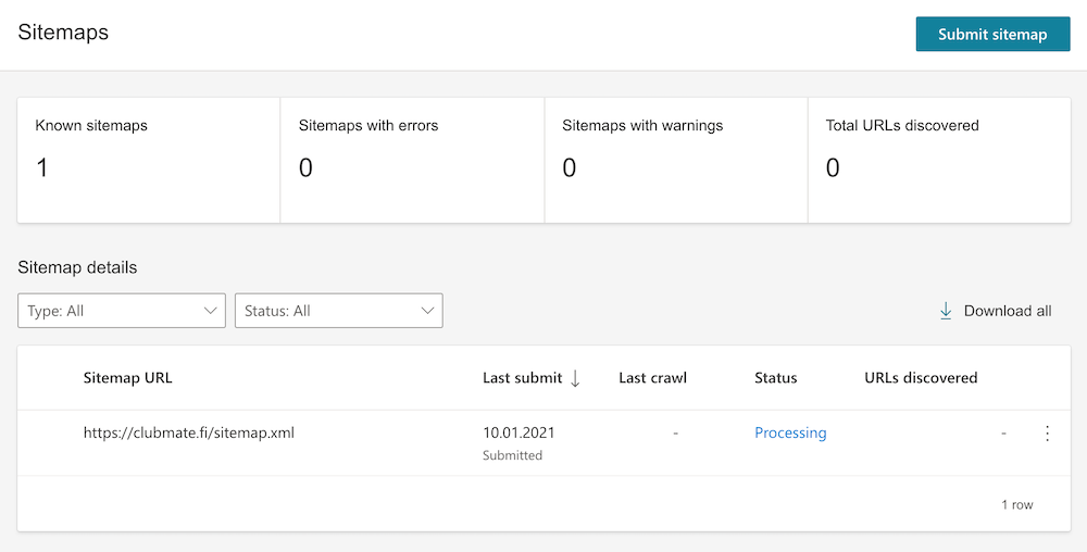 Screenshot of Bing Webmaster Tools